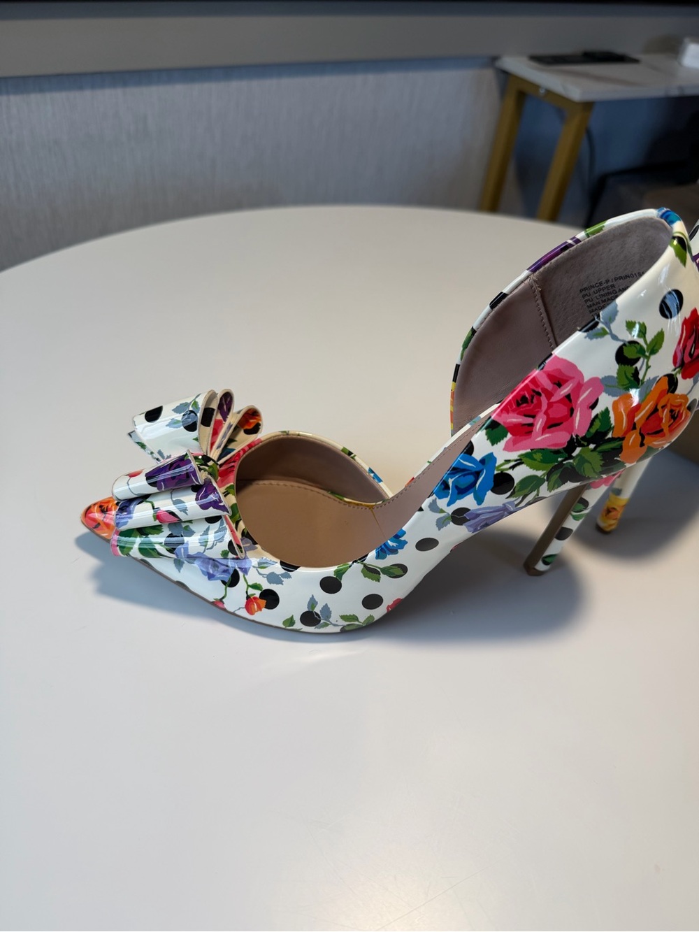 Betsey Johnson White & Black Floral Pointed Toe Stiletto Heels with Bow Accent - Picture 4 of 14